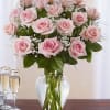 This all-pink flower arrangement is hand-arranged with 12 long stem pink roses