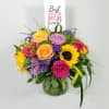 Beautiful Bright Colorful Arrangements of Sunflowers, Premium Roses, Spider Mums, Statice and