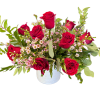 One Dozen fresh red roses with greens and fillers in a ceramic