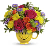 Hot pink roses, orange spray roses, lavender matsumoto asters, green button spray