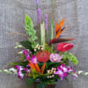 Bird of Paradise, Purple Dendrobium Orchid, Anthurium, Liatris, Tropical Foliage
Note: Seasonal flowers