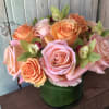 Mix of orange &amp; pink roses set in to 6&quot; glass bowl
