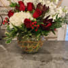 white hydrangeas that represent the pure snow, red roses the color 