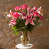 Premium pink roses with stargazer lilies