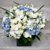 This luxury arrangement contains mixed florals such as roses, blue and white