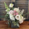 So cute! A baby pink arrangement designed in a wood box with