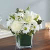 Our sympathy arrangement of angelic white roses, lilies, mums, daisy poms and