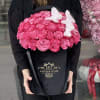 75 heart shape pink roses in a black velvet box with the