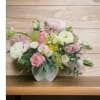 White Ranunculus. Pink Lisianthus. Pink rose. Pink Gerbera. Ornith Star of Bethlehem.
Green