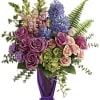 Impressionist inspired, this painterly bouquet of green hydrangea, pink roses and lavender