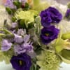 Green Cymbidium Orchids, White roses, White hydrangea, purple lisianthus, lavender stock, green
