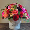 Large hat box arrangement filled with a vivid mix of 12 light-pink