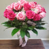 Crystal vase arrangement with 15 hot pink roses, 15 light pink roses