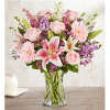 All-around arrangement with pink roses, Gerbera daisies, Oriental lilies and larkspur, white