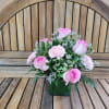 Glass Cube filled with Pink Roses, Carnations &amp; Greens