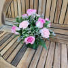 Glass Cube filled with Pink Roses, Carnations &amp; Greens