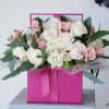 White and light pink roses make this perfect modern floral gift box.