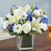 Sympathy arrangement of fresh blue delphinium, white roses, and lilies, expertly gathered