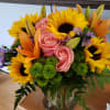 green pompom sunflowers peach roses