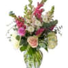 Beautiful arrangement with fresh hydrangeas, roses and snapdragons