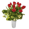 Luxury long stemmed red roses in a white vase