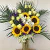 Sunflowers, Orchid blooms, green in golden glass vase. 