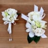 Set of Corsage and Boutonniere include white dendrobium orchids and white spray