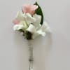 Set of Corsage and Boutonniere include white dendrobium orchids and pink spray