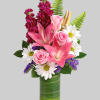 Full of whimsy, this playful bouquet of pink roses, white daisies, pink
