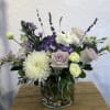 Purple Hydrangea, lavender roses, lavender stock, white mums, white lisianthus, Lavendar asters
