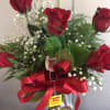 6 Lovely red roses arranged in glass vase w/ ASU keychain attached