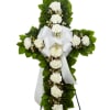 This white flower standing cross is a thoughtful tribute of sympathy. Created