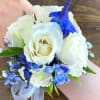 White spray roses, blue delphinium and babies breath wrist corsage with sheer