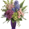 Impressionist inspired, this painterly bouquet of green hydrangea, pink roses and lavender