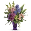 Impressionist inspired, this painterly bouquet of green hydrangea, pink roses and lavender