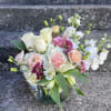 This arrangement is in a 8 inch bubble bowl filled with hydrangea