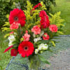 red gerbera, solidago, alstromeria, and mini carnations