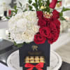Blooming box of roses with drawer with chocolates (Ferrero Rocher). Crown NOT