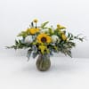 At the heart of this stunning bouquet are magnificent sunflowers, symbolizing joy