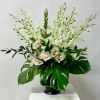This Arrangement includes White Dendrobium Orchids and White or Light Pink Cymbidium