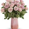 One dozen lush pink roses look absolutely divine in this cherry quartz-inspired