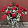 12 Long stem, premium red roses, designed with mixed greeneries, wax flowers