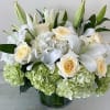 An elegant round arrangement with Green Hydrangeas, White Hydrangeas, White Roses and