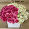White Hydrangeas with 12 Pink Roses in a glass or white ceramic