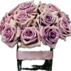 Sweet and Simple arrangement of Lavender Roses in a Clear Cube decorated