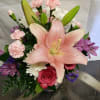 DELUXE SHOWN Pink or white asiatic lily, Hot pink roses, cushion mums