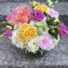 This arrangement Is in a 8 inch bubble bowl It has hydrangeas