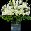 A graceful display of white double lilies is complemented by the lush