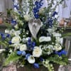 Light and Dark Blue Delphinium, White larkspur, calla lilies, white roses, white
