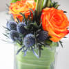 This striking arrangement features tropical bird of paradise, bi-color orange roses, green